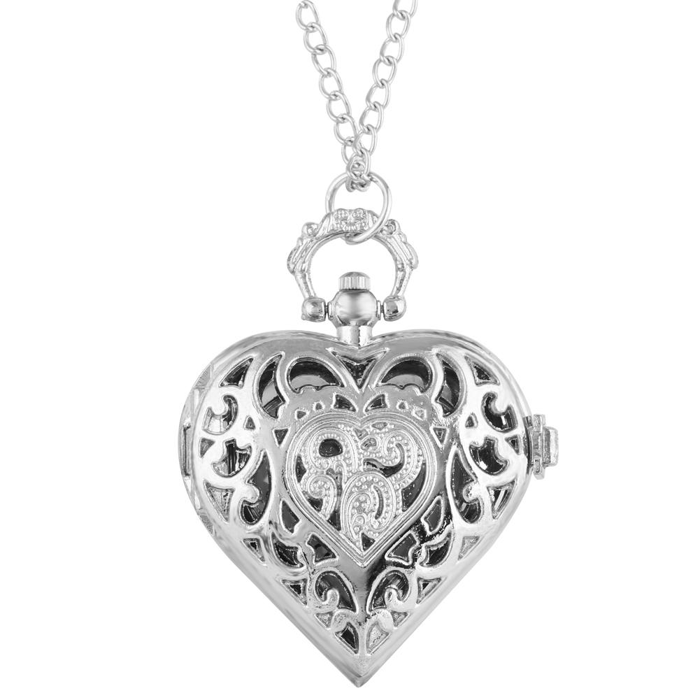 Romantic Heart Shape Quartz Pocket Watch Bronze/Silver/Black Necklace Pendant Chain Ladies Watch Souvenir Gifts for Girls Women