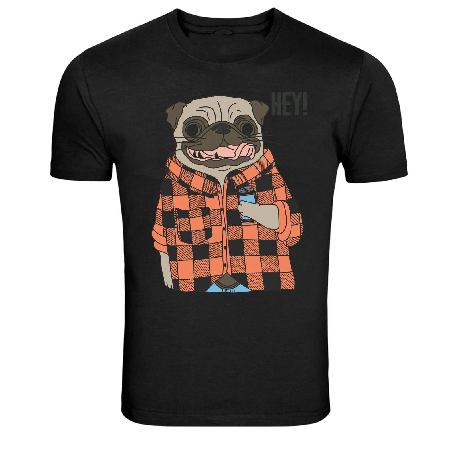 Funny Pug Dog Hipster Drinking Graphic T-Shirt M