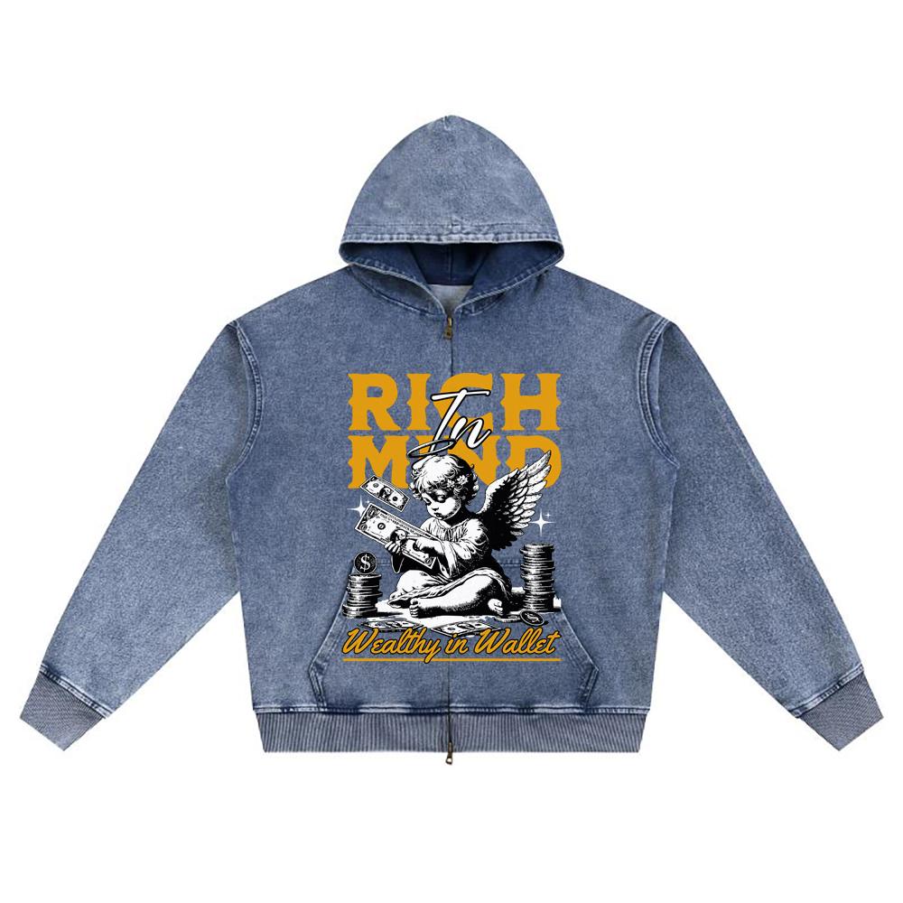 DTG print Knitted Denim Zip-Up Hoodie Rich in Mind, Wealthly in Wallet Brother Print Zipper Hoodies
