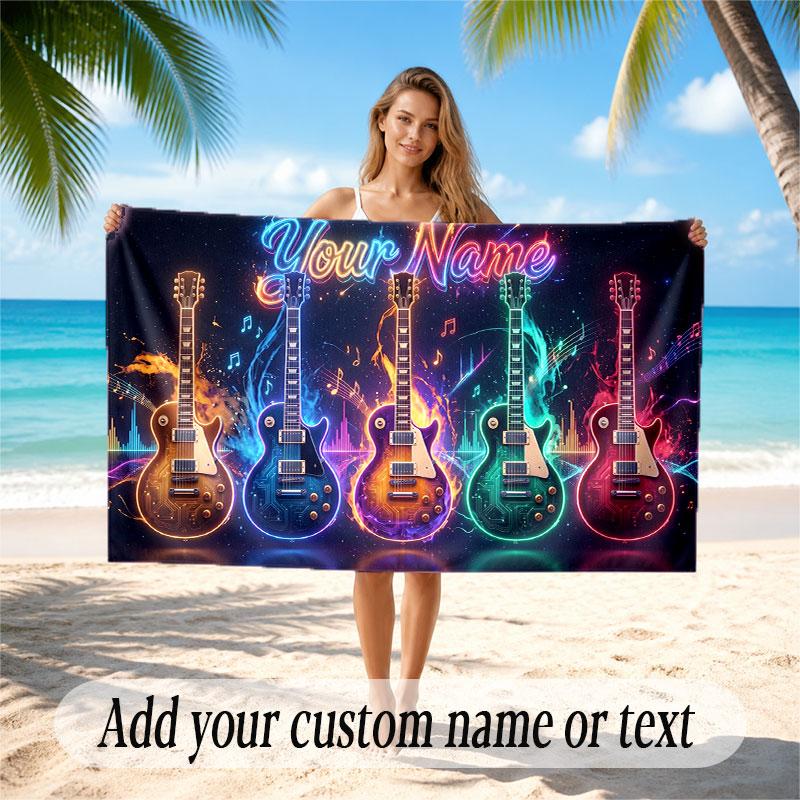 Music Guitar Theme Beach Towel Personalized Custom Name & Text Soft Quick Dry Beach Towel for Swimming Travel