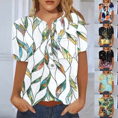 Damen-Kurzarmshirt, lässig, modisch, Baumwolle, Leinen, bedruckt