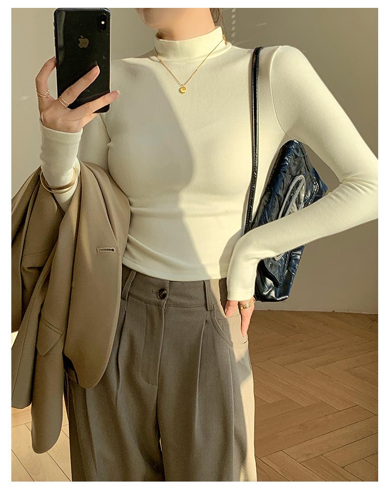Women's Fleece-Lined Slim Fit Knit Top - Half High Neck Long Sleeve for Spring, Autumn, Winter 2024