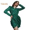 Lady Club Dress Deep V Neck Pleated Sequin Long Sleeve Irregular Hem Baggy Dress Celebrity Banquet Prom Cocktail Party Mini Dress