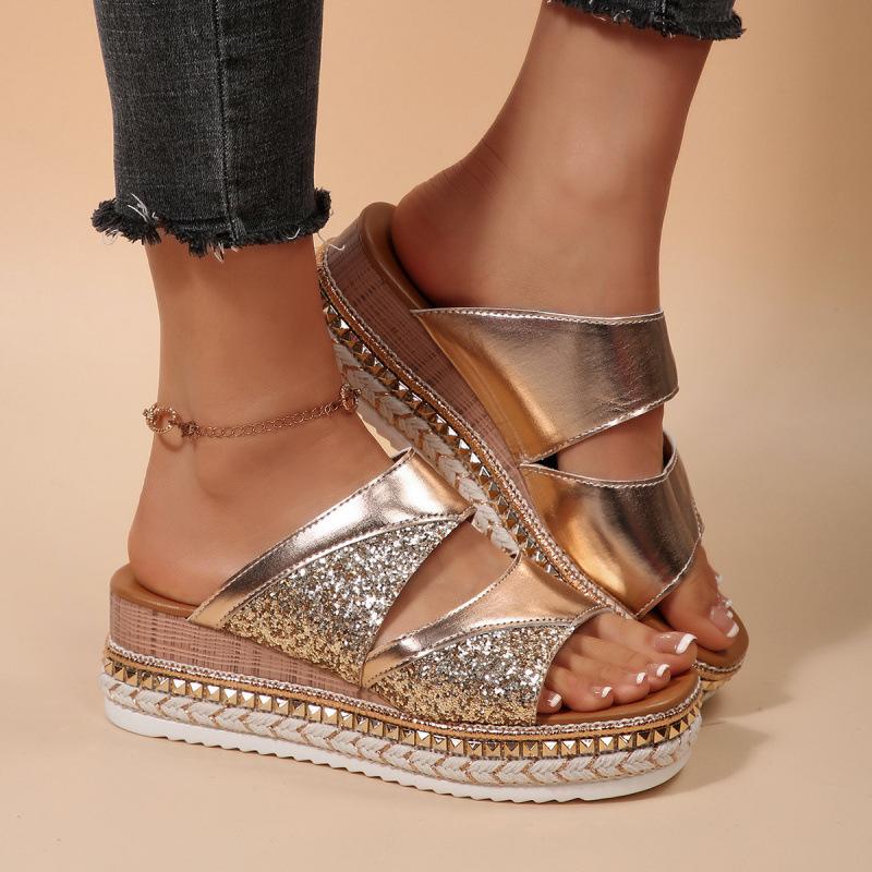 European and American large-size slope heel cool slippers summer new fish mouth buckle thick-soled glossy sandals