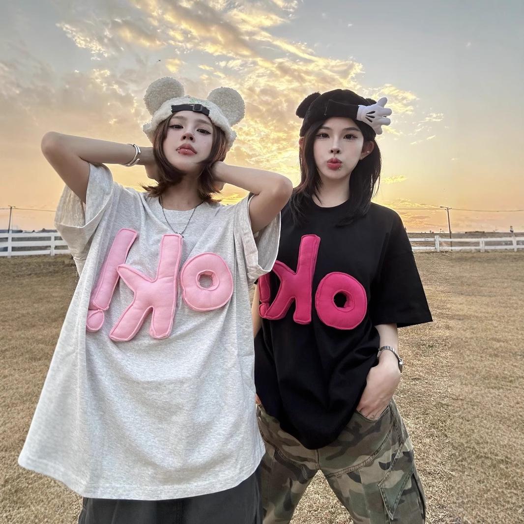 

Guochao American Retro 3D Letter Women s Summer 2025 Loose Fit T-Shirt XL (Premium) светло-серый