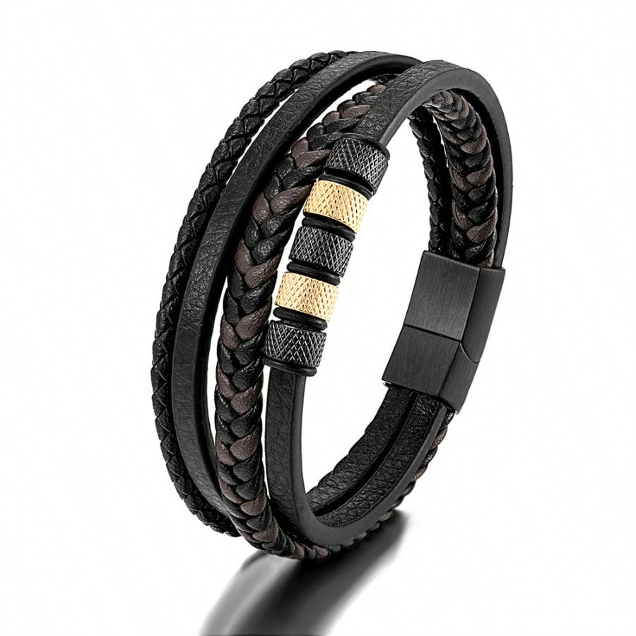 Simple Stainless Steel Leather Rope Bracelet,multi-layer Black Leather Woven Men's Bracelet Bangle