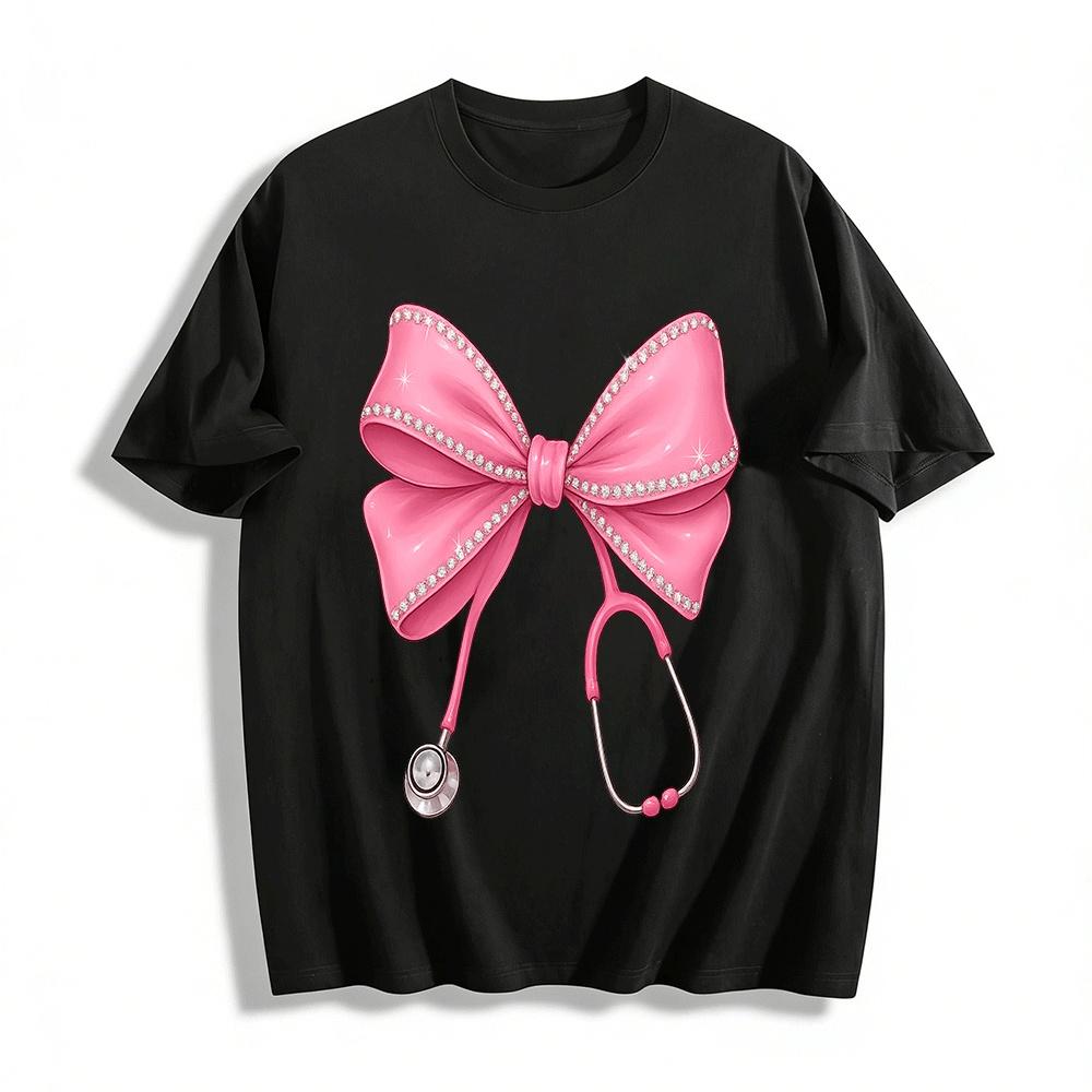 Sparkly Pink Bow Stethoscope Print Casual Top Pure cotton T-shirt XXS