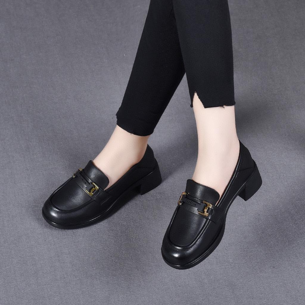 Small Leather Shoes Women's Autumn New First-layer Cowhide Middle Heel Single Shoes Round Head Shallow Mouth One Pedal Women's Shoes