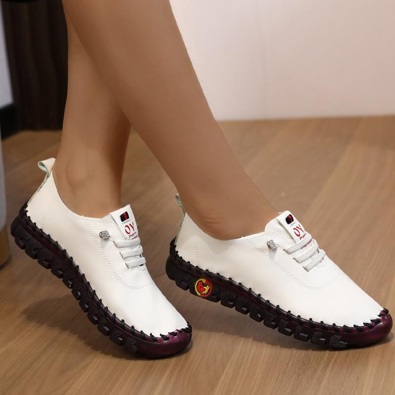 Chaussures à semelles souples, chaussures décontractées à lacets cousues à la main pour femmes, grande taille