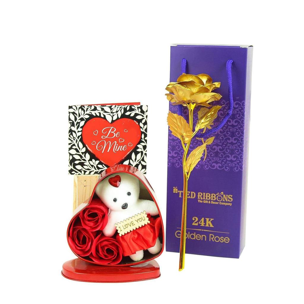 Birthday Gift for Girlfriend Boyfriend Husband Wife Couples Girls Boys (Special 24K Gold Plated Rose, Scented Rose Flowers with Teddy Gift Box Combo)