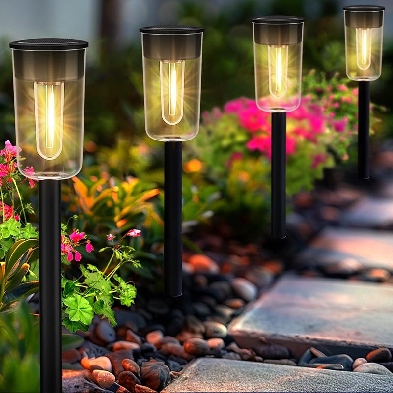 Solar Pathway Lights Outdoo 8 Pack, Bright Solar Path Lights Outdoor, IP65 Waterproof Solar Garden Lights Solar Powered Landscape Lighting for Black-8 pack