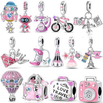 Original Pink Box Rocket Badminton Bike Beads Charms Fit Bracelet Copper Women Jewelry Necklace Diy Gift