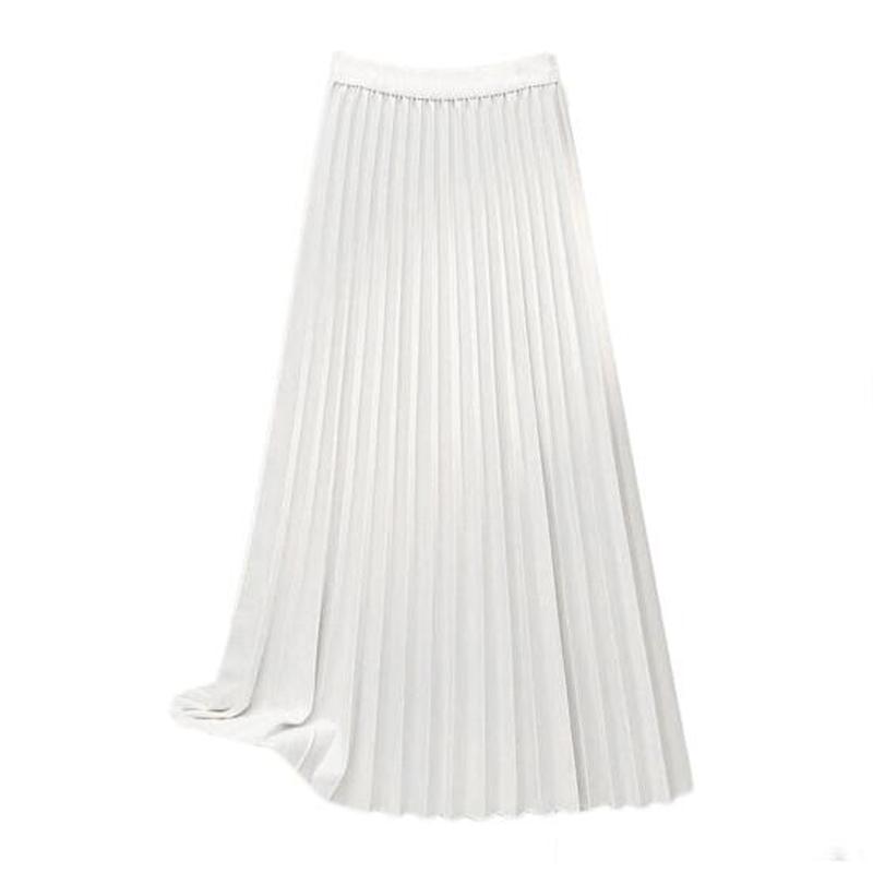 Women Maxi Skirt Elastic High Waist Pleated Skirt Solid Color Smooth Satin A-Line Skirt Work Leisure Wear