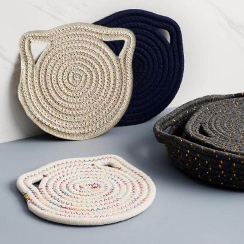 6Pcs Heat Resistant Table Mats with Cute Cats Ear Design for Pot and Bowls Washable Fabric Braided Cotton Cup Coasters