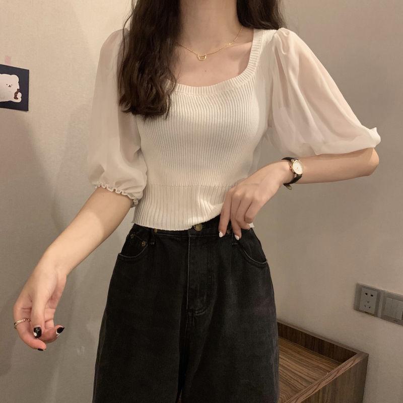 French Square Neck Bubble Short Sleeved Knitted Sweater for Women's Summer Korean Version Slim Fit and Slimming Short Top