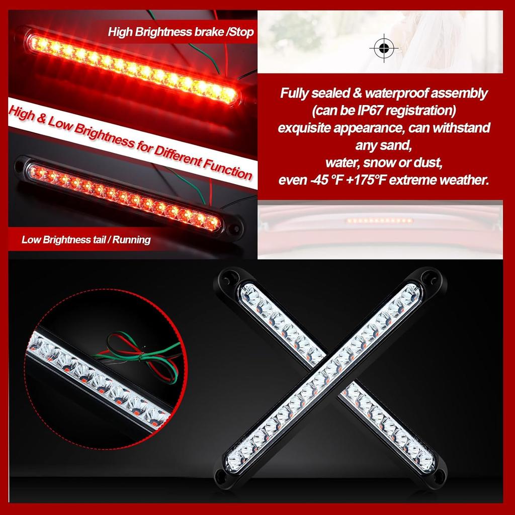 Frienda 2 Pieces 10 Inch 15 LED Trailer Tail Light Bar Stop Turn Tail Lights Assembly Third Brake Strip 9 To 30-Volt Trailer Identification For