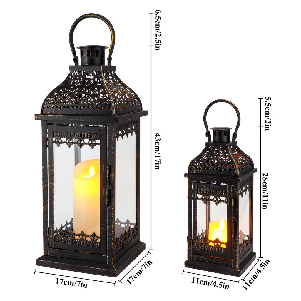 Set of Two Black Metal Lantern with Hanging Top Candle Lantern for Home Decor
