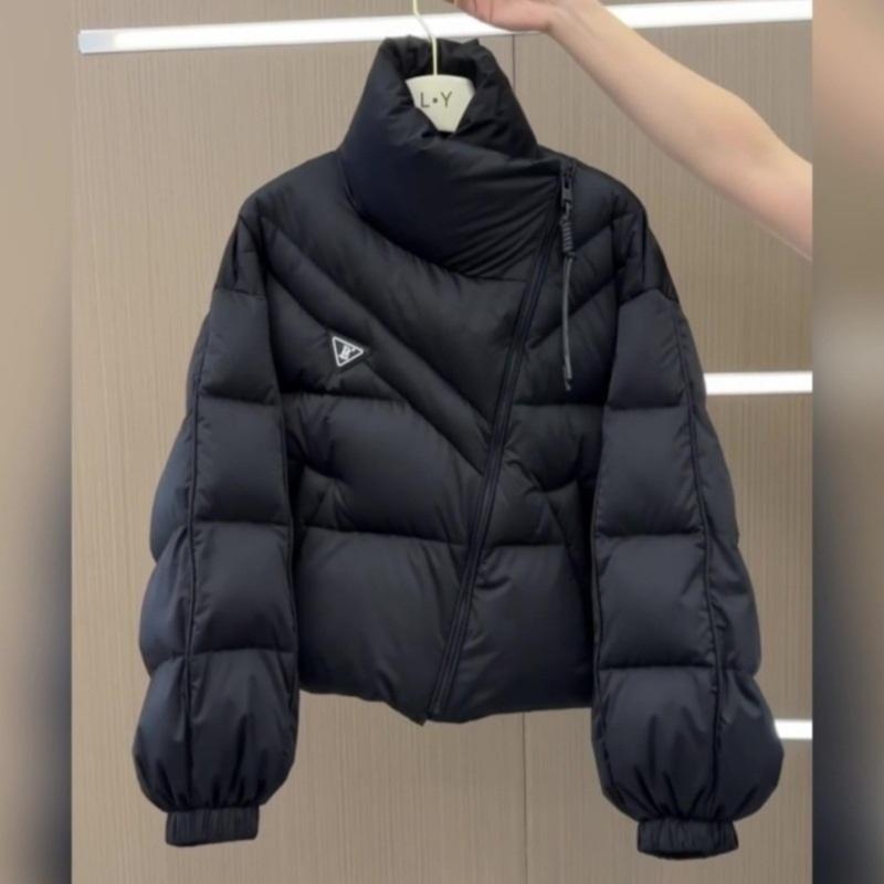 New Women s Short Down Jacket Asymmetrical Zipper Stand Up Collar Loose Fit Winter Warm Jacket L чёрный