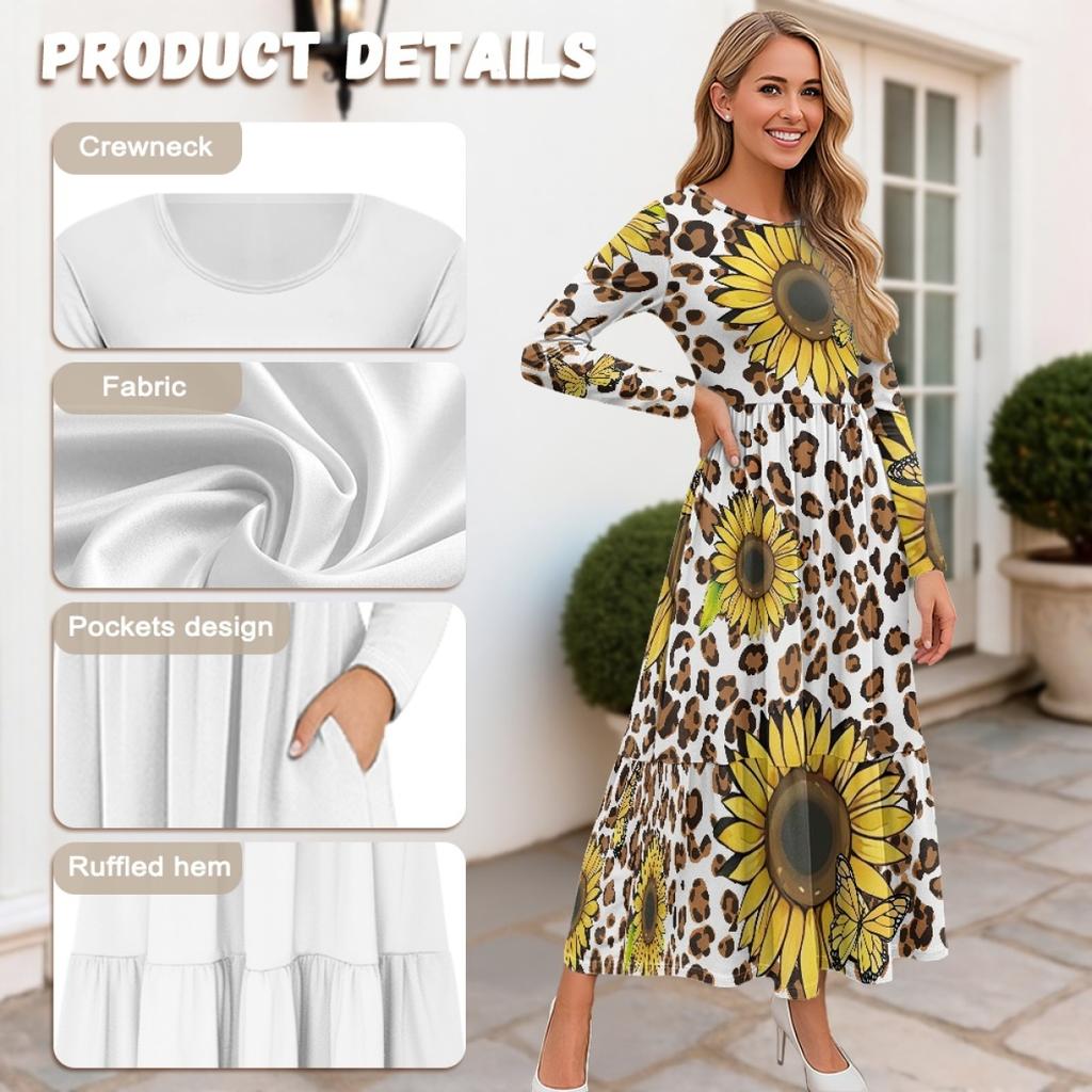 Long Sleeve Casual Daily Dress Ladies Patchwork Hem Midi Dress