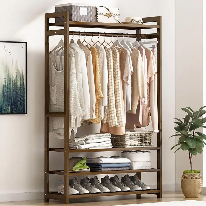 Coat Rack Clothes Hanger Floor Hanger Storage Bedroom Household Wood Clothing Garment Rack with Shelves Wardrobe Clothing Racks