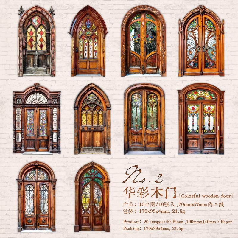 10-Sheet Vintage Wooden Door Theme Hard Card Stickers, Retro Door Frame Patterns & Sturdy Material, for Journal DIY