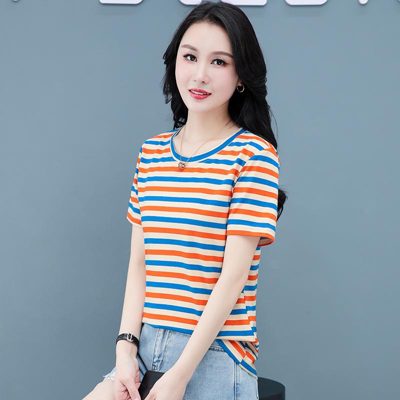 

Женская летняя полосатая хлопковая футболка с круглым вырезом: Красочный, повседневный, свободный, омолаживающий, утягивающий дизайн. 3XL синий