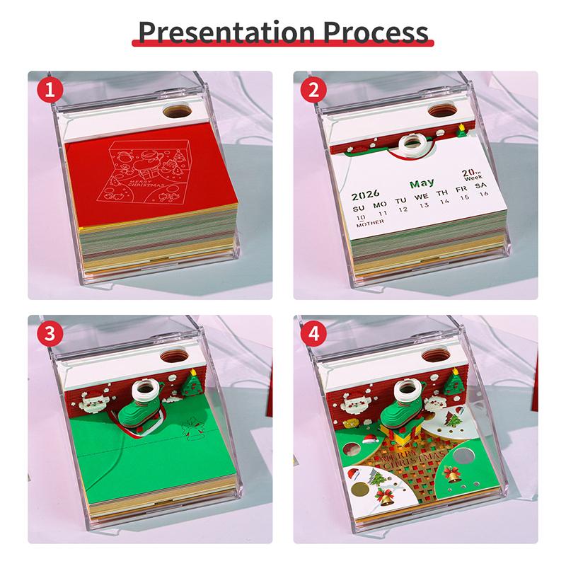 Time Piece Kalender 2026 Schreibtischkalender mit LED-Licht 3D Abreißkalender Papierschnitzkunst Notizblock Geschenk Weihnachten