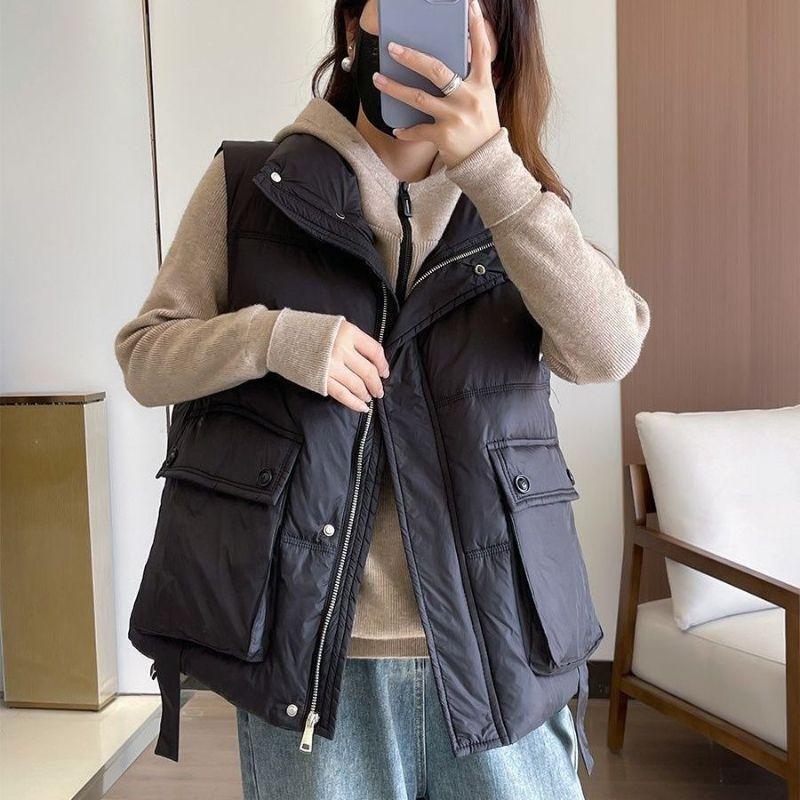 

Женский пухово-хлопковый жилет большого размера Осень/Зима в корейском стиле Свободный воротник-стойка Хлопковый без рукавов Верхний жилет M чёрный