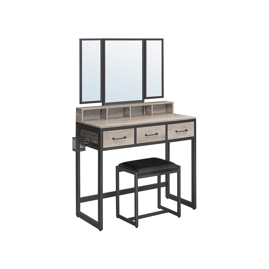 VASAGLE RVT004B02 Dressing Table with Padded Stool, Triple Mirror, 3 Drawers, Hair Dryer Holder, Pot, Industrial Style, Grey and Black