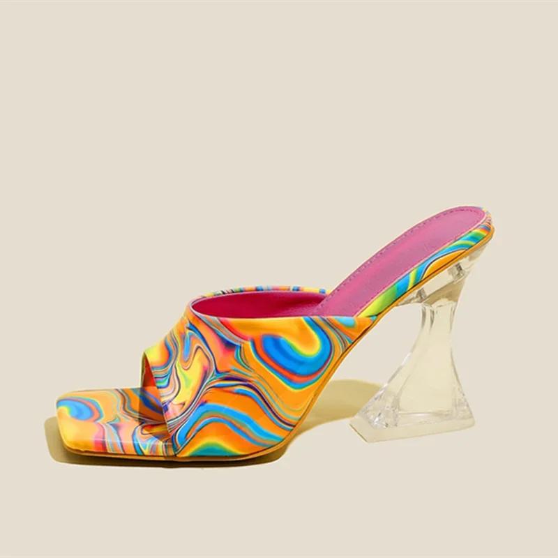 Fashion Colorful Printing Summer High Heels 2025 New Fashion Square Head Crystal High Heel Slippers Women's Sandals Outdoor Casual