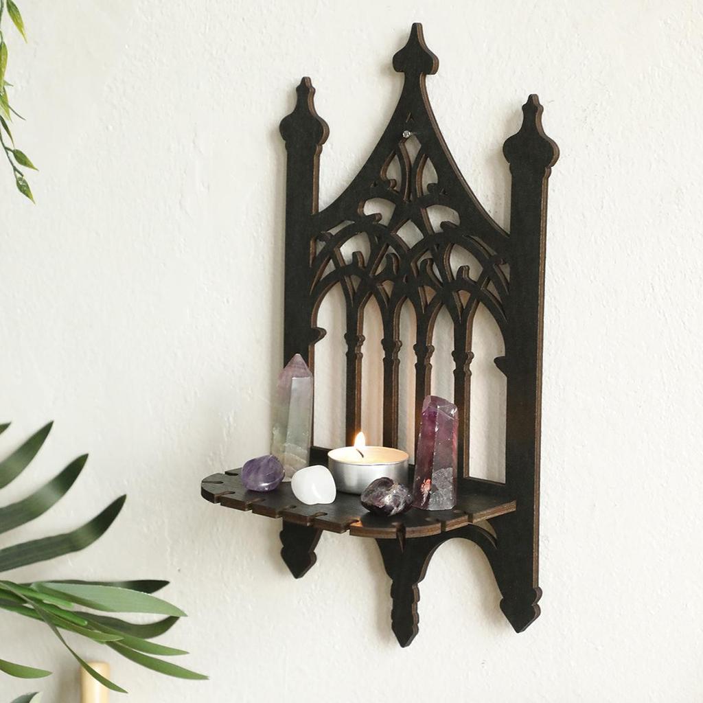 Bohemian Gothic Black Wooden Wall-Mounted Shelf for Bedroom Decor