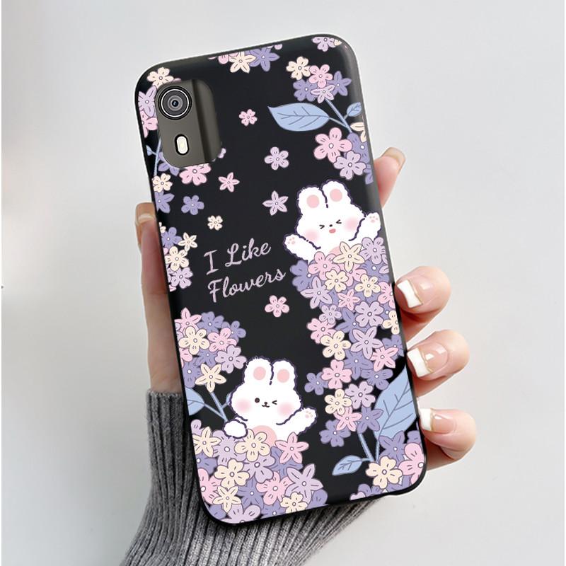 For Nokia C02 Phone Case Cute Funny Love Rabbit Animal Black Matte Soft TPU Protective Back Cover for Nokia C2 2nd Edition Case