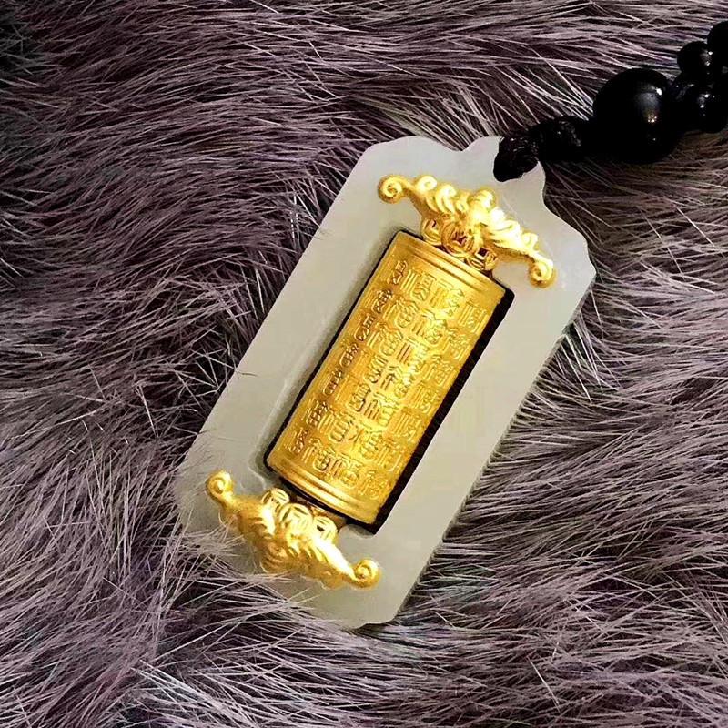 Hetian Jade & Gold Inlaid Heart Sutra Luck Pendant: Unisex Gift for Fortune & Blessings