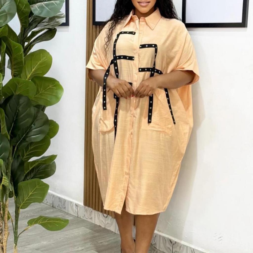 Women Short Sleeve Shirt Dress with Bow Tie Belt and Pockets Solid Color Casual Dress