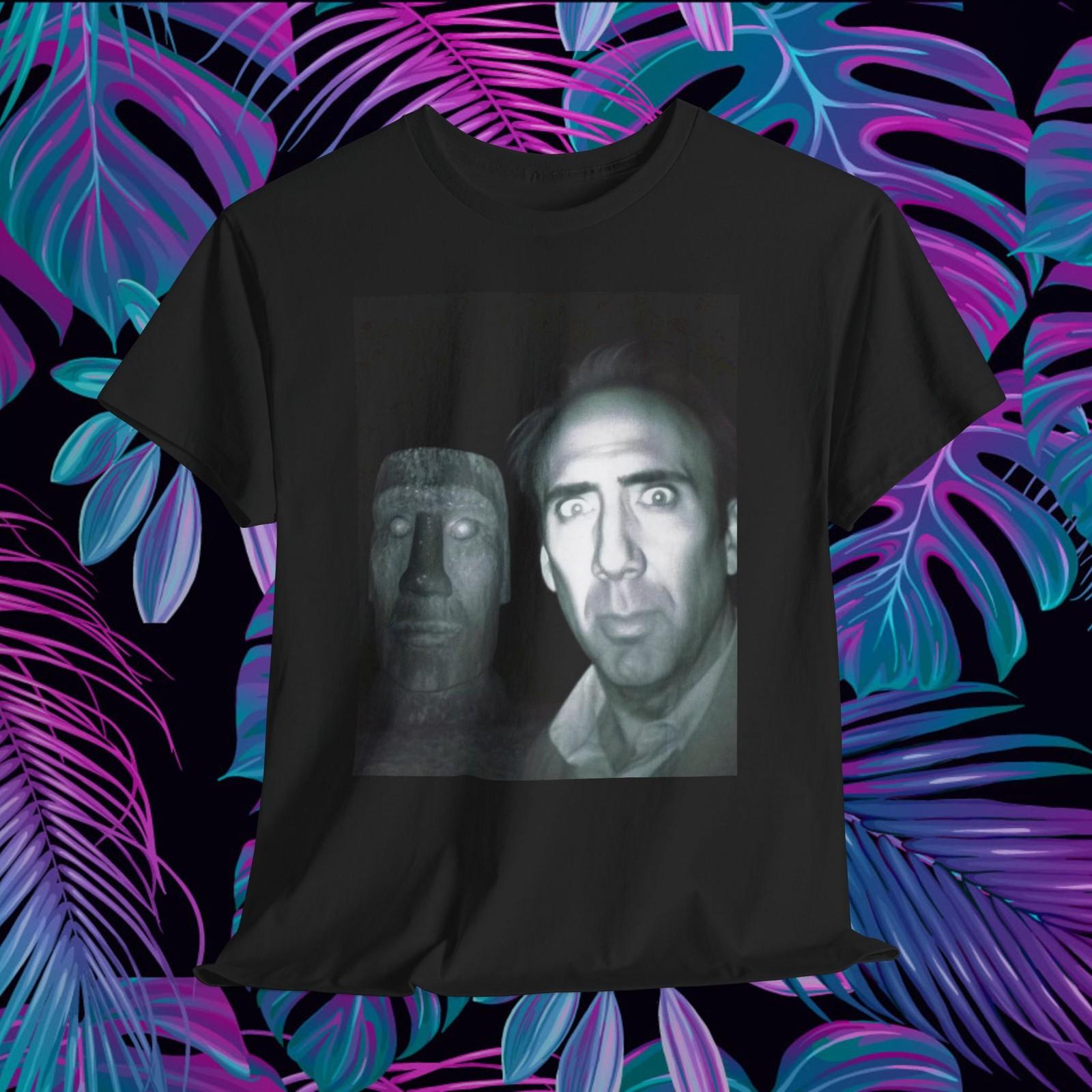 Nick Cage and Moai Head, funny novelty shirt, movie Nicholas Cage XXL