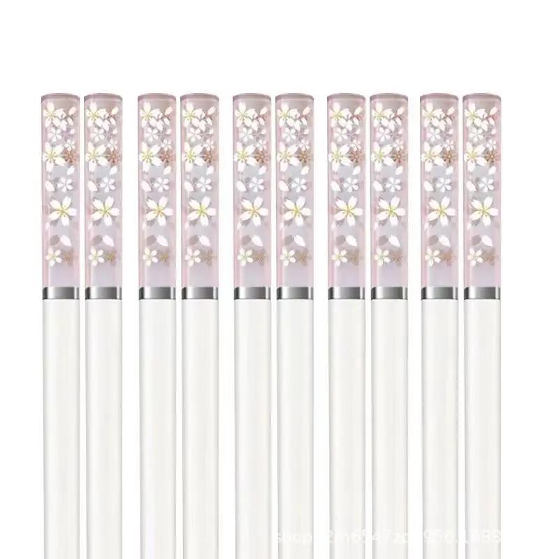 5 Pair Amber Sakura Chopsticks Japanese Cherry Blossom Pattern Chopsticks Reusable Food Sticks Kitchen Tableware