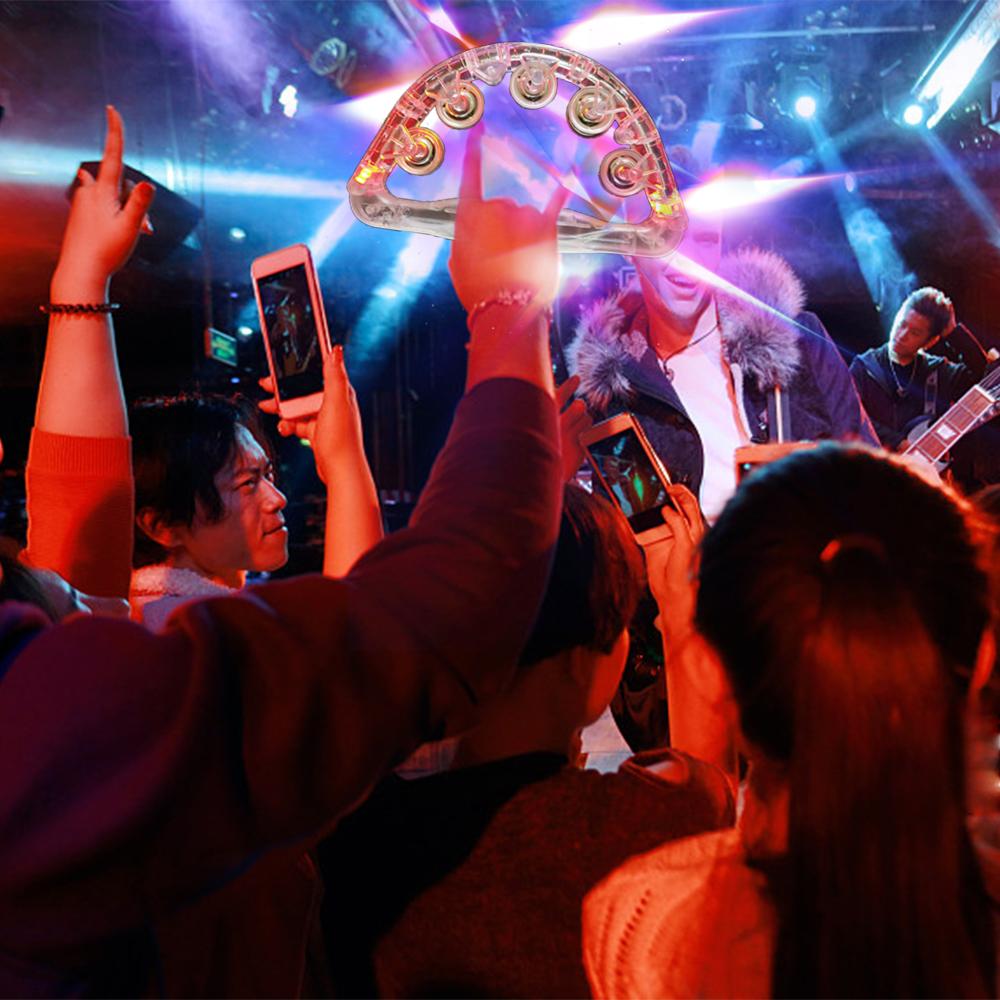 Colorful LED Hand Bells Double Row Handheld Tambourine Metal Jingles with 3 Lighting Modes Switchable Hand Held Plastic