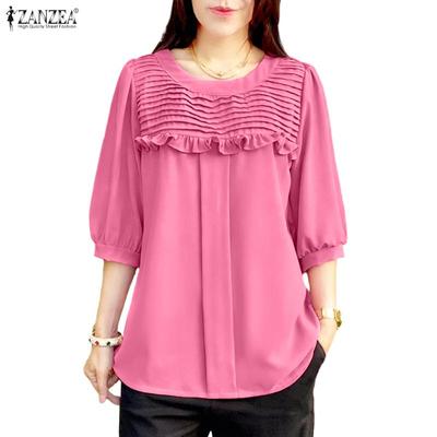 Women Casual Round Neck Solid Color 3/4 Sleeve Loose Blouse