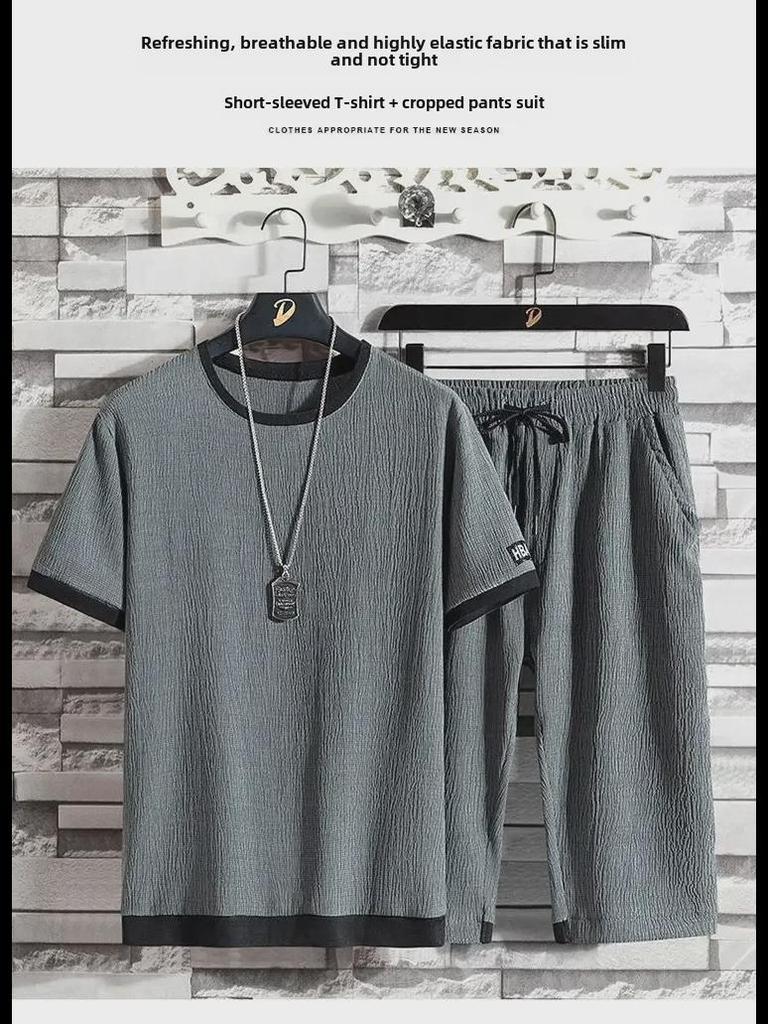 Men's Ice Silk Summer Casual Sports Suit with Graphic Text and Drawstring Shorts