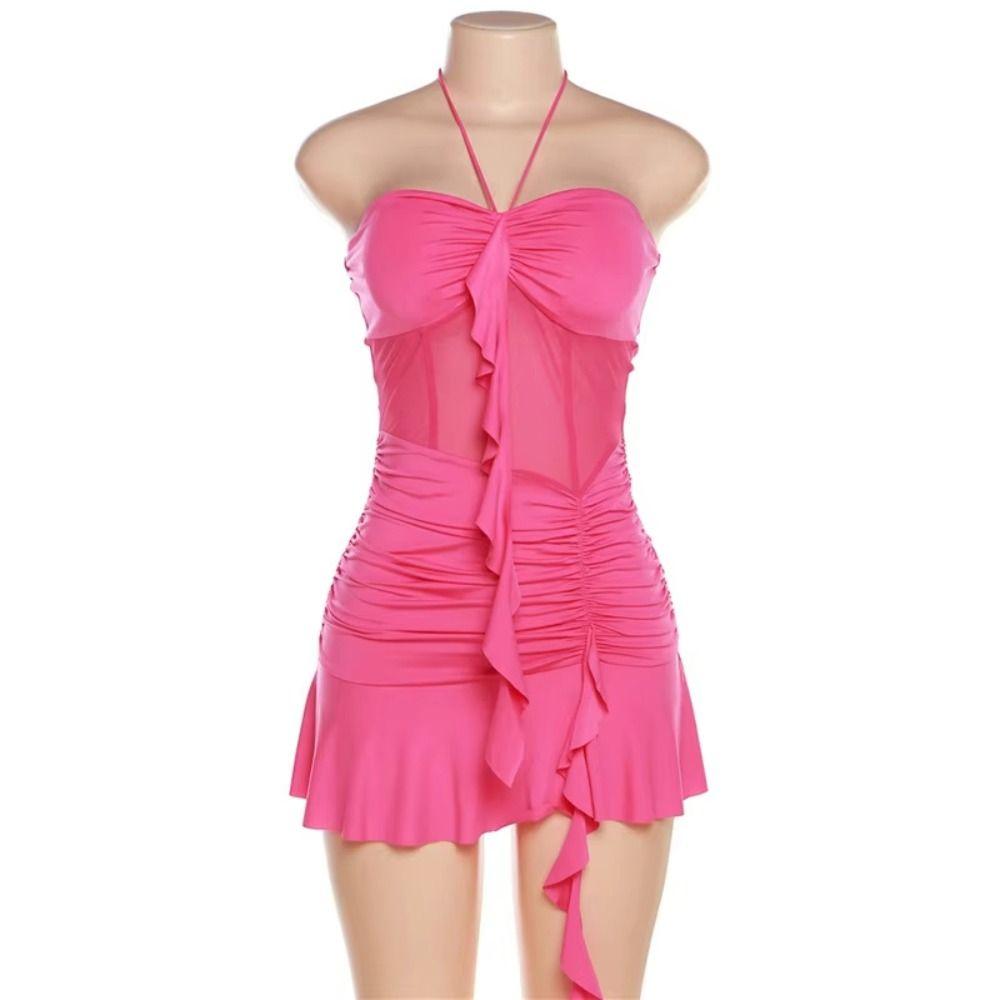 Transparent Ruffle Edge Lace Dress Sleeveless Halter Camisole Dress Women Halter Neck Dress  Beach