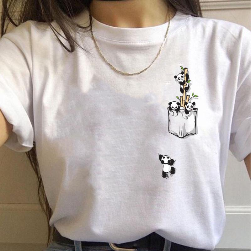 Korean Style Casual Short-Sleeved T-Shirt for Women Spring/Summer Cartoon Panda Print Loose Base Shirt Polyester Fabric