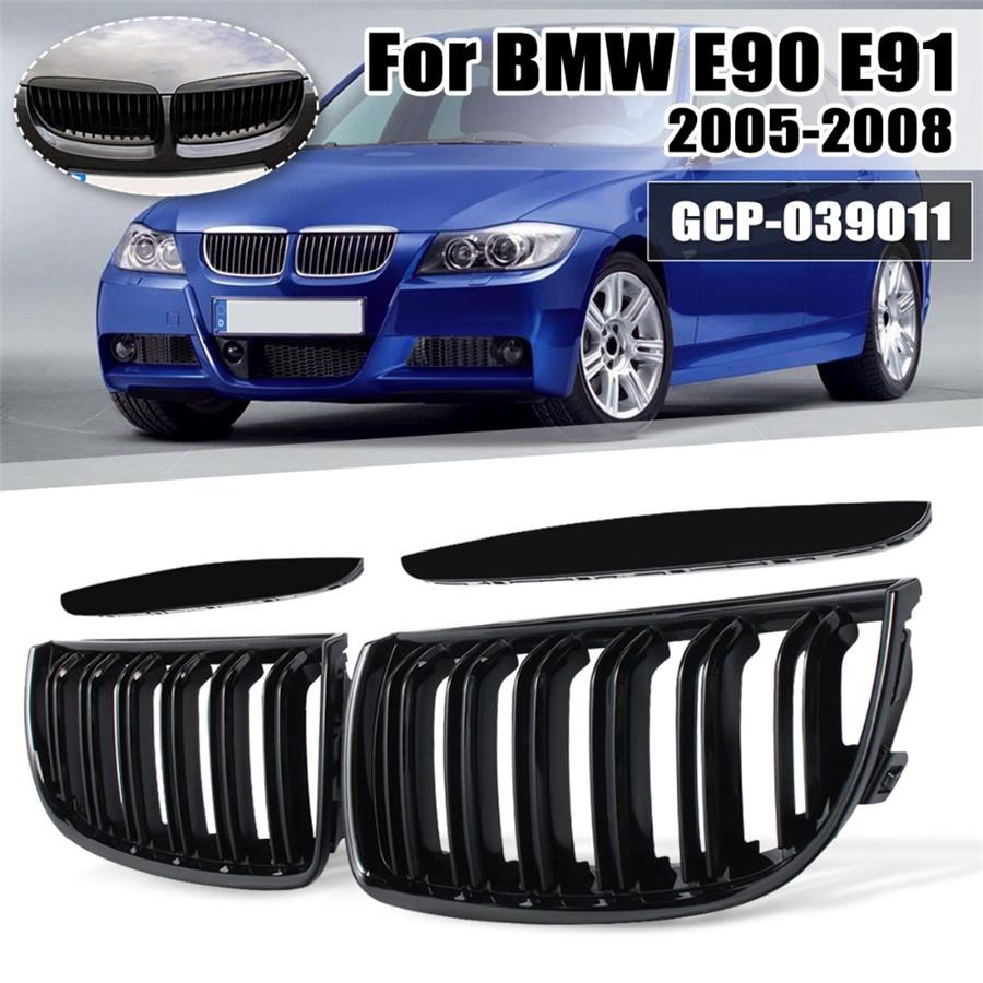 Pair Gloss Black Line Slat Kidney Front Grille For BMW E90 E91 4 Door 2005-2008