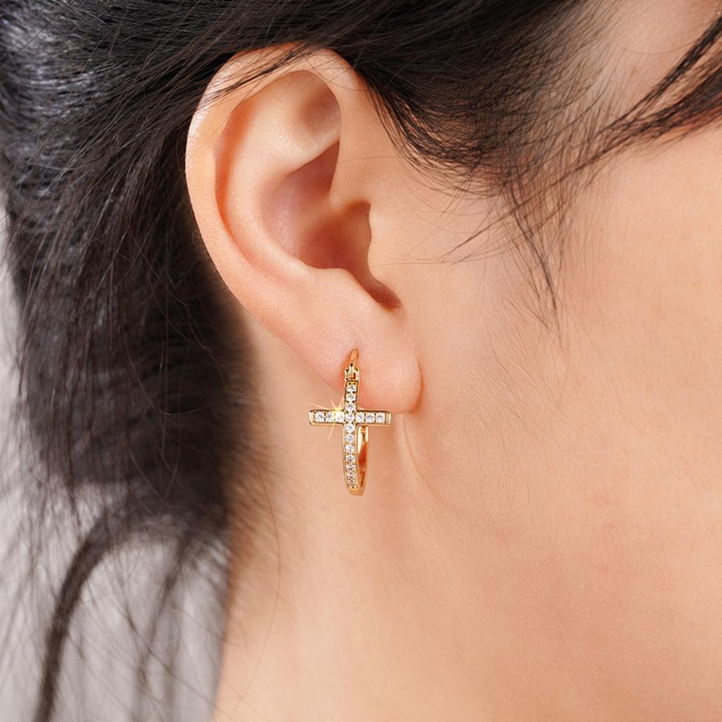 Cross Shaped Hoop Earrings Inlaid Sparkling Stones Elegant Minimalist Style Women Earrings for Daily Party Wear