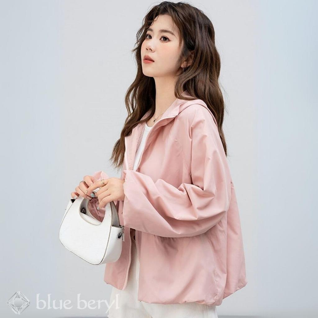 Hooded Blouson for UV Puff Stand Loose Autumn Daily [Blue Beryl] Zip-up Women, Lightweight, Protection, Sleeves, Collar, Fit, Lined, Outerwear,