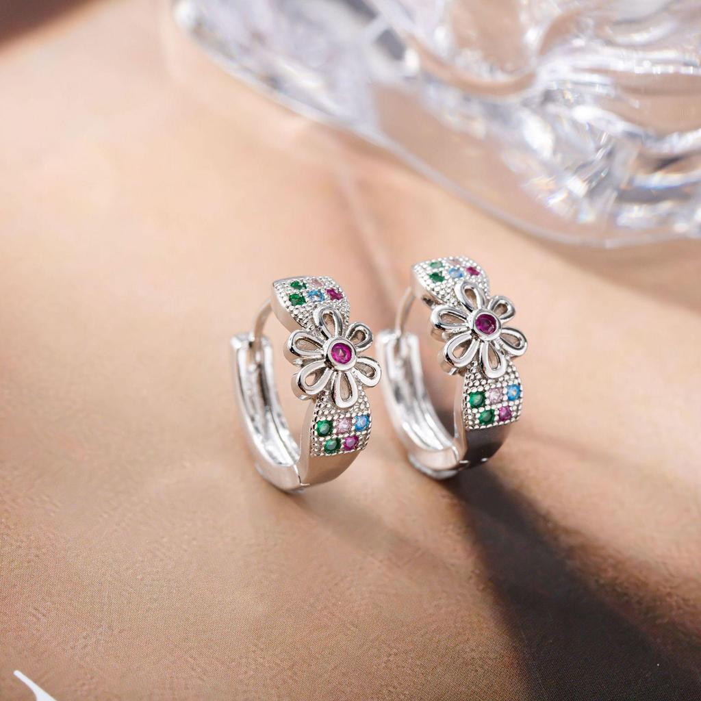 Colorful Zirconia Daisy Stud & Ear Clip Set: Women's Sunflower Earrings