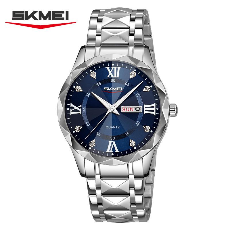 

SKMEI Парные часы Дата Неделя Модные часы Мужские Женские Оригинальные Водонепроницаемые Светящиеся Двойной календарь Кварцевые наручные часы Men Style синий/серебряный