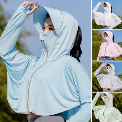 Women Sunscreen Coat Zipper Opening Hooded Face Nack Protection Ice Silk Anti-UV Loose Thin