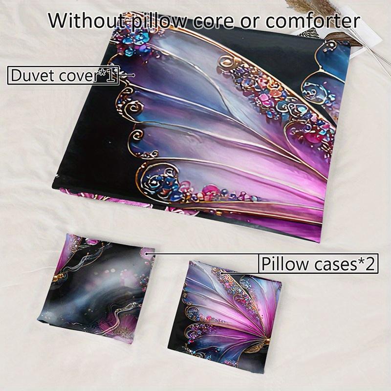 3pcs Butterfly Floral Bedding Set - Elegant Purple Pink Black Golden Duvet Cover Set with Zipper Closure, All-Season