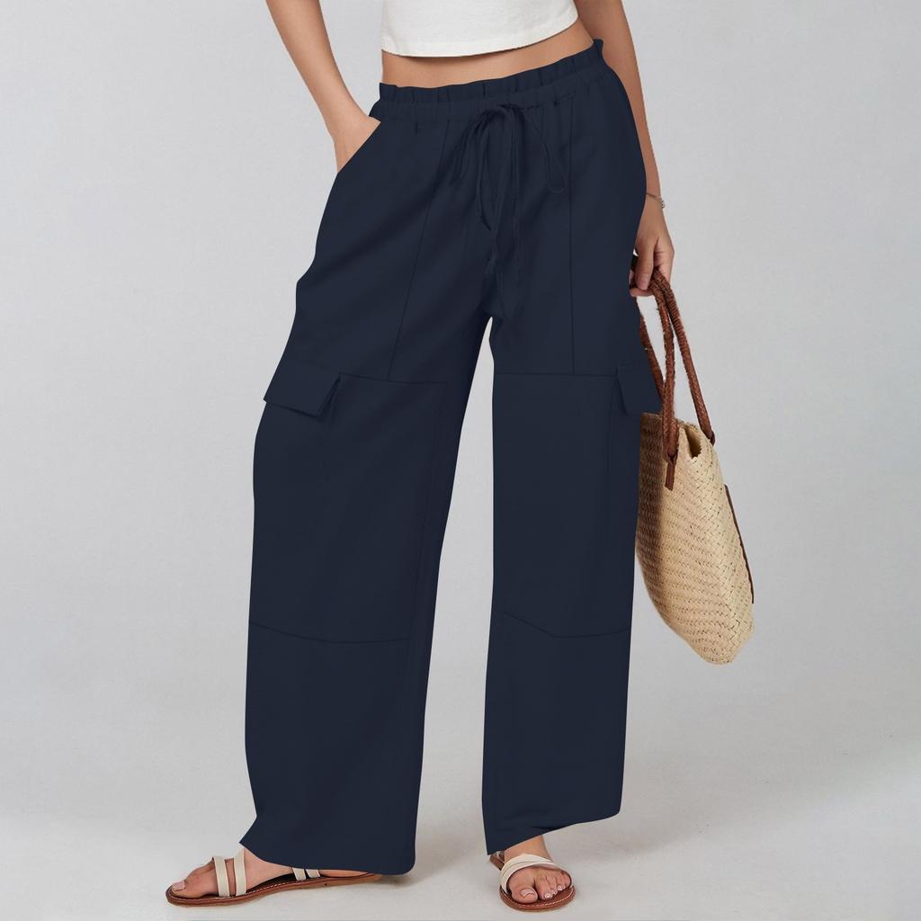 Women's Cotton And Linen Summer Stitching Casual Drawstring High Waist Pocket Workwear Trousers