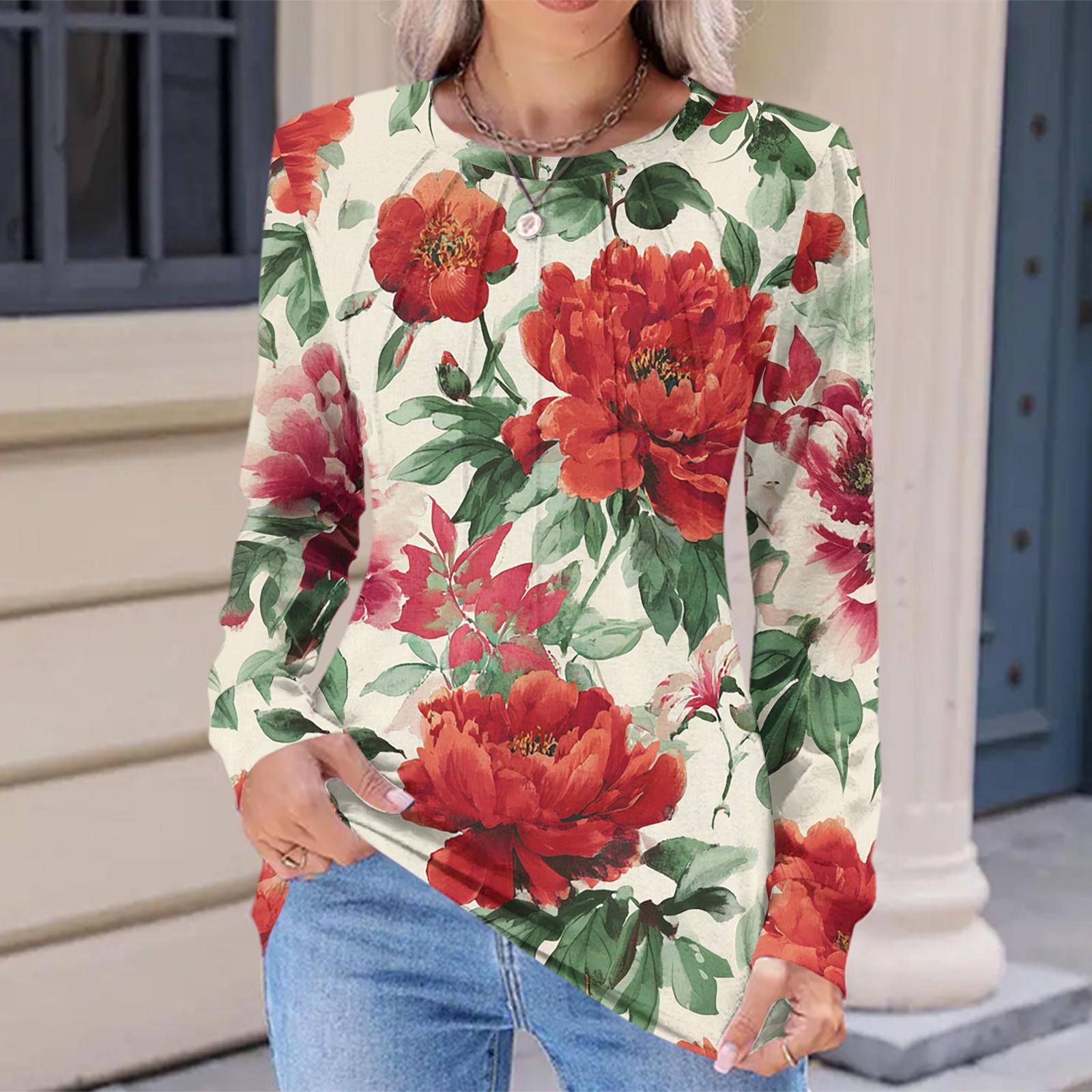 

Женская модная повседневная футболка с цветочным ретро-принтом, плиссированная, удобная, с круглым вырезом, свободная, с длинным рукавом S красный